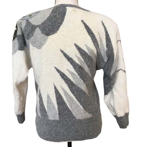 Vintage 80s IB Diffusion Cream Grey Black Graphic Studded Mohair Sweater M - Picture 3 of 8